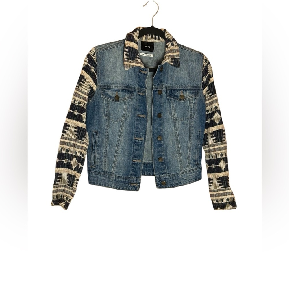 BDG Urban Outfitters Denim Jacket Aztec Knit Sleeve Multi-Color Boho Small - Picture 3 of 7